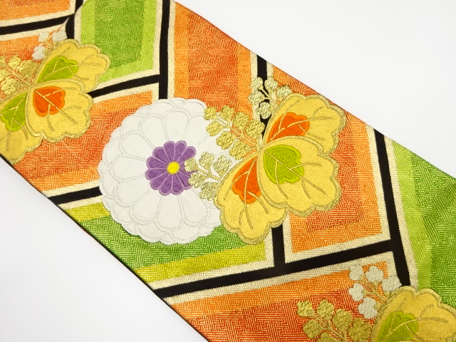 アンティーク　桧垣に桐・菊模様織り出し袋帯（着用可）